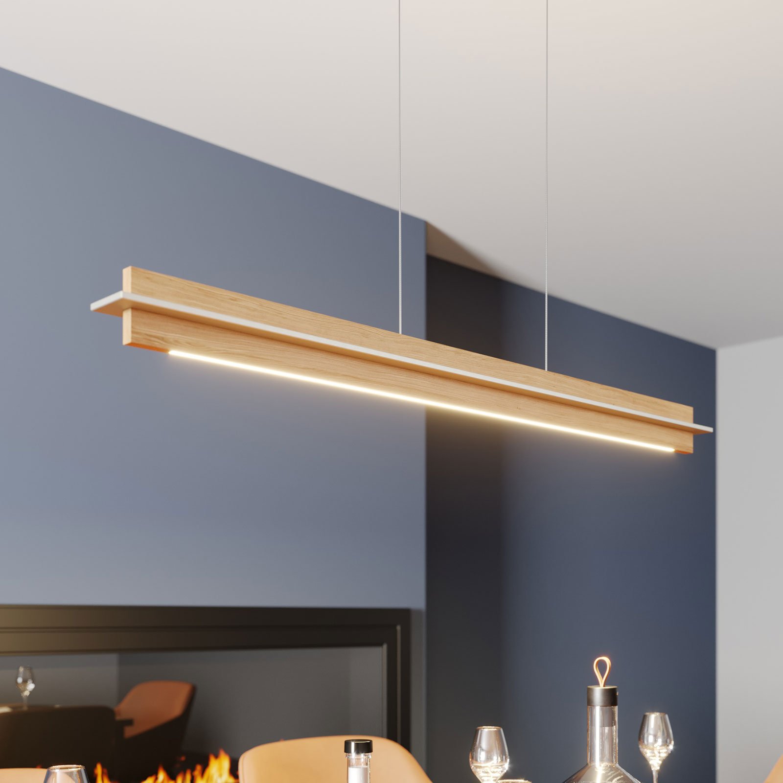 Quitani lámpara colgante LED Lexa, roble/níquel, longitud 118 cm