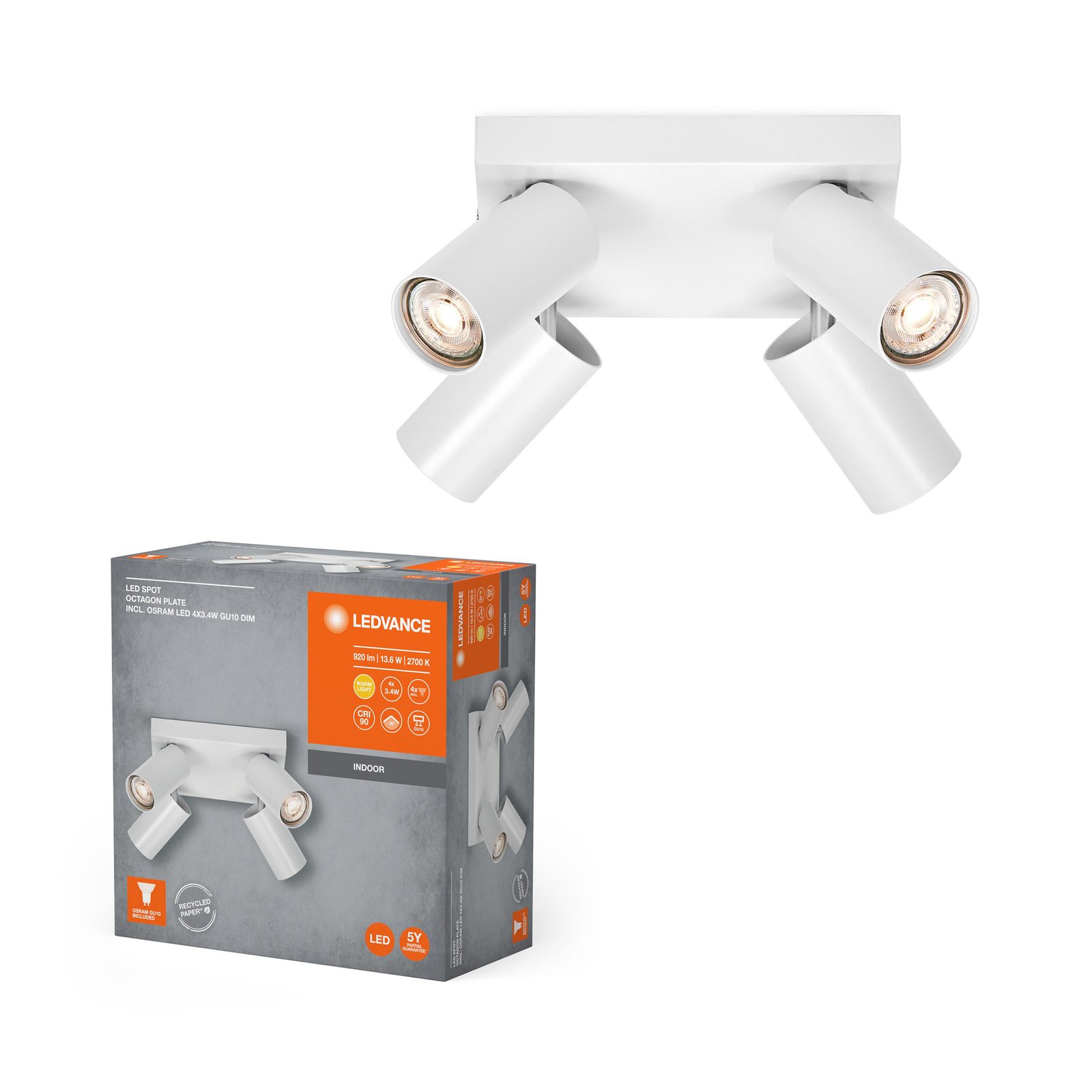 LEDVANCE Octagon Spot LED cu LED-uri, reglabil, cu 4 lumini, pătrat, alb