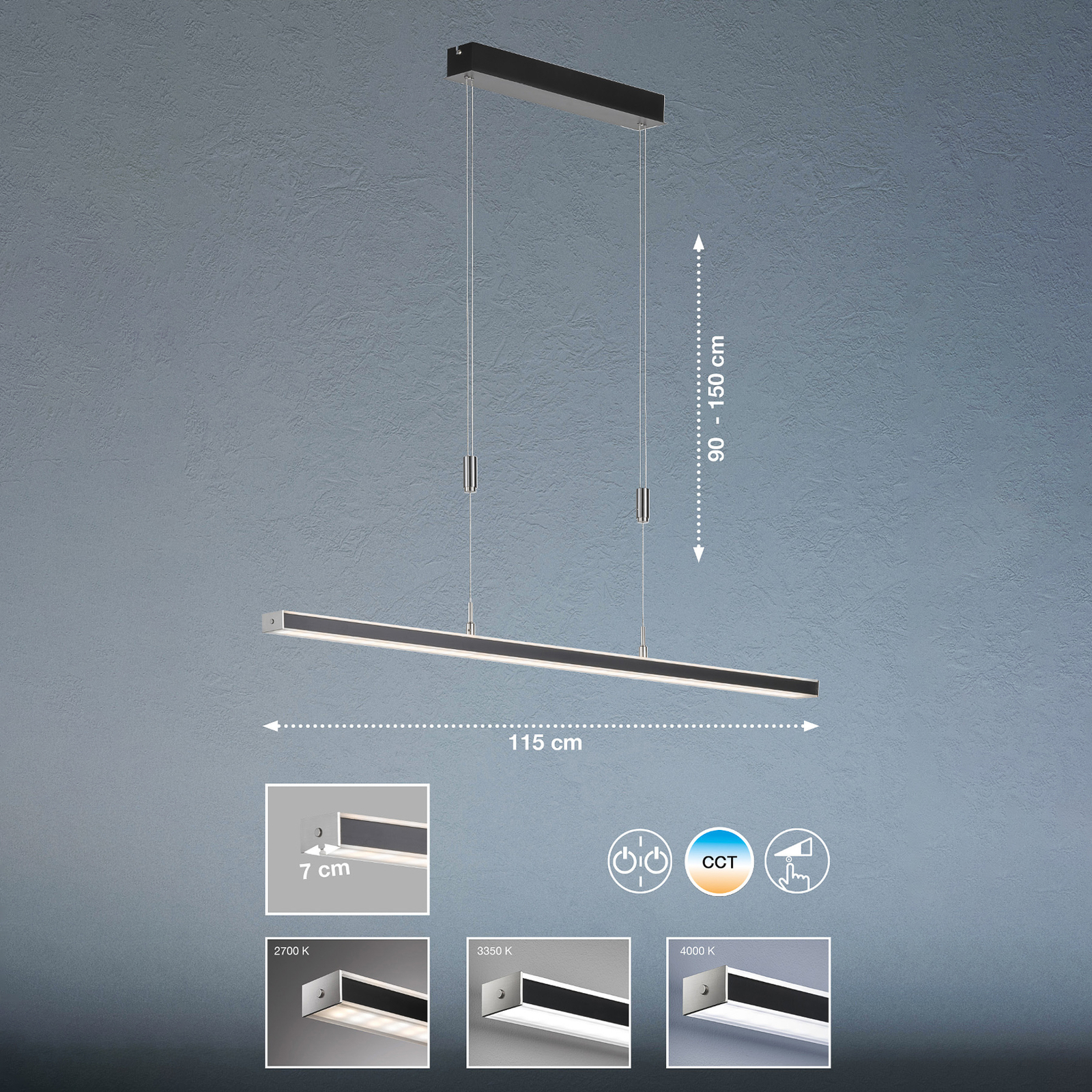Vitan LED závesné svietidlo, pieskovo čierna, dĺžka 115 cm, 2 svetlá, CCT