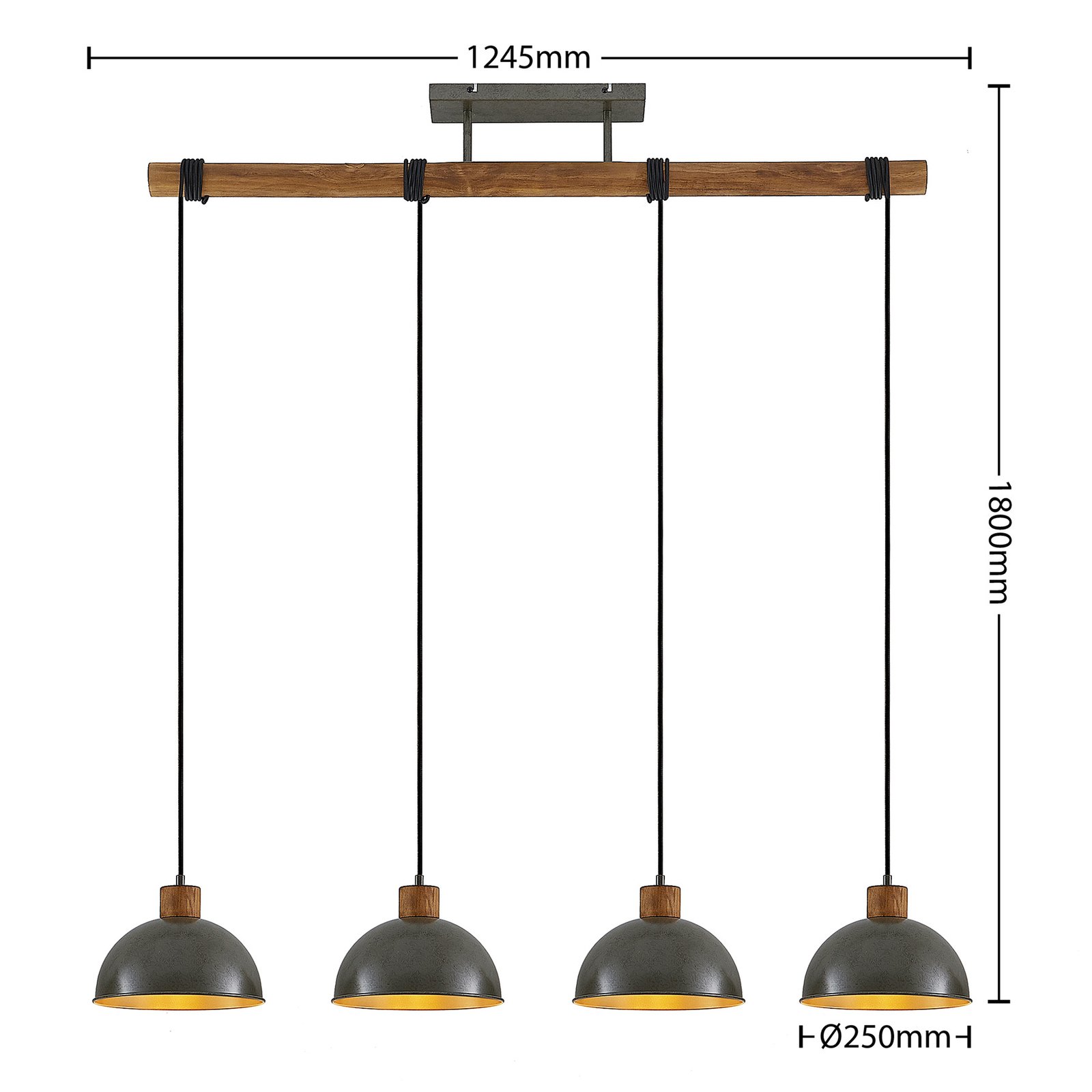 Lindby candeeiro suspenso Durbis, 116 cm, 4 lâmpadas, cinzento, madeira, E27