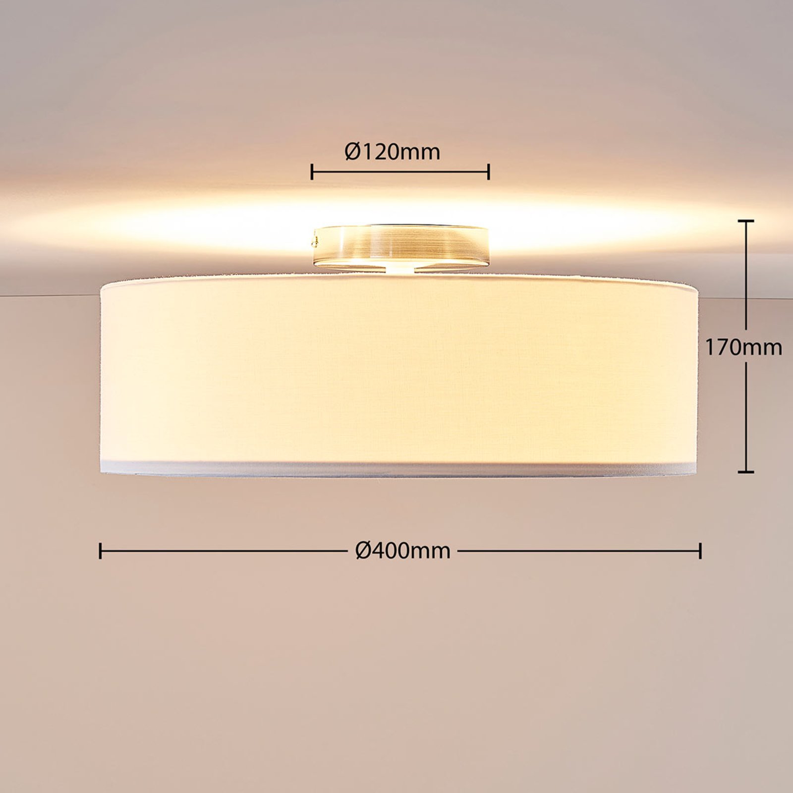 Lindby loftlampe Sebatin, Ø 40 cm, hvid, stof, E27