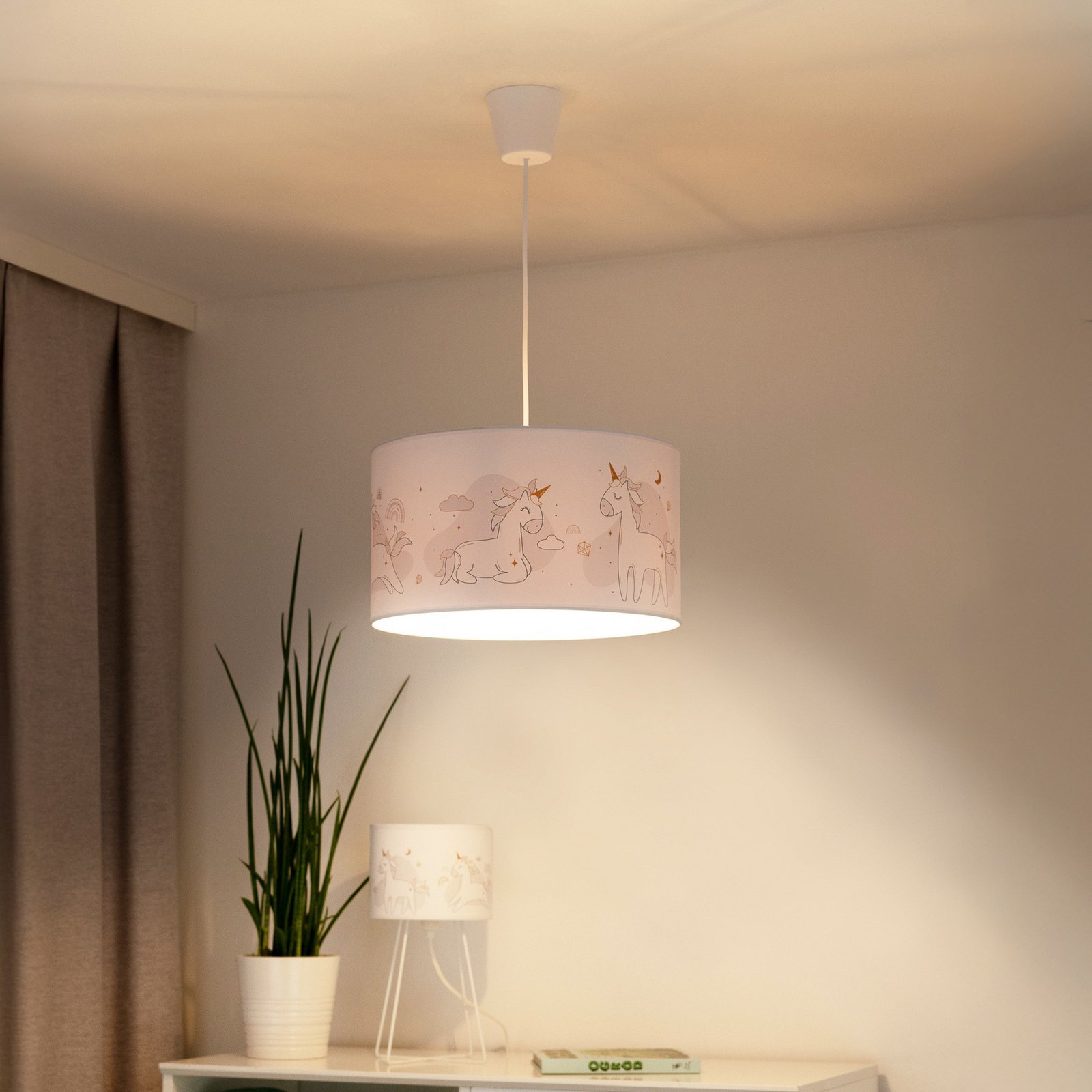 Candeeiro suspenso Mila, Ø 35 cm, branco, tecido, unicórnios, E27