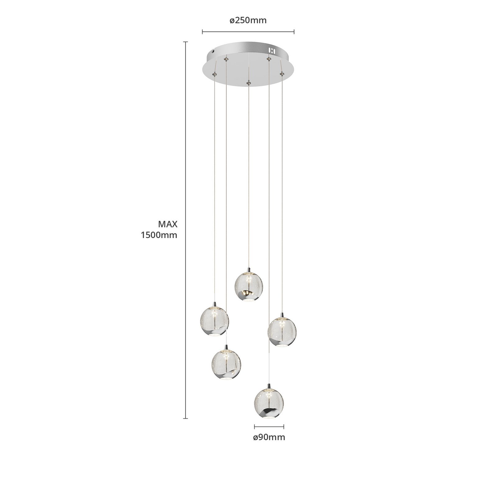 Lucande LED hanging light Hayley, Ø 30 cm, 5-bulb, chrome, glass
