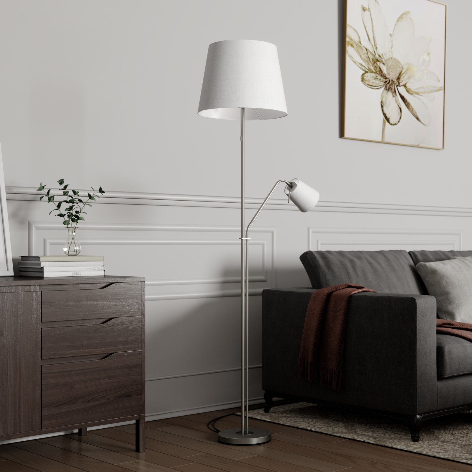 Lindby Stehleuchte Nantwin, 175 cm, weiß, nickel, Textil
