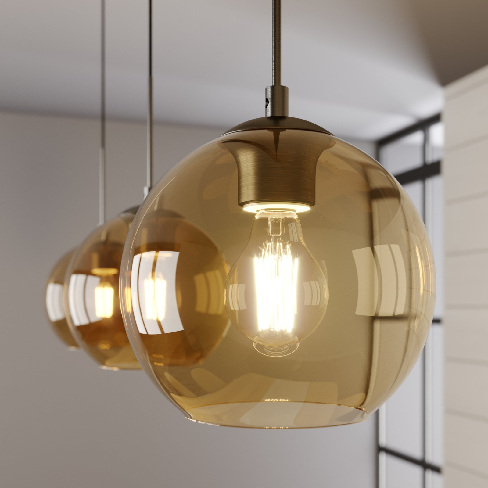 Lámpara colgante Lindby Sofian, ámbar, cristal, 100 cm, 3 luces.