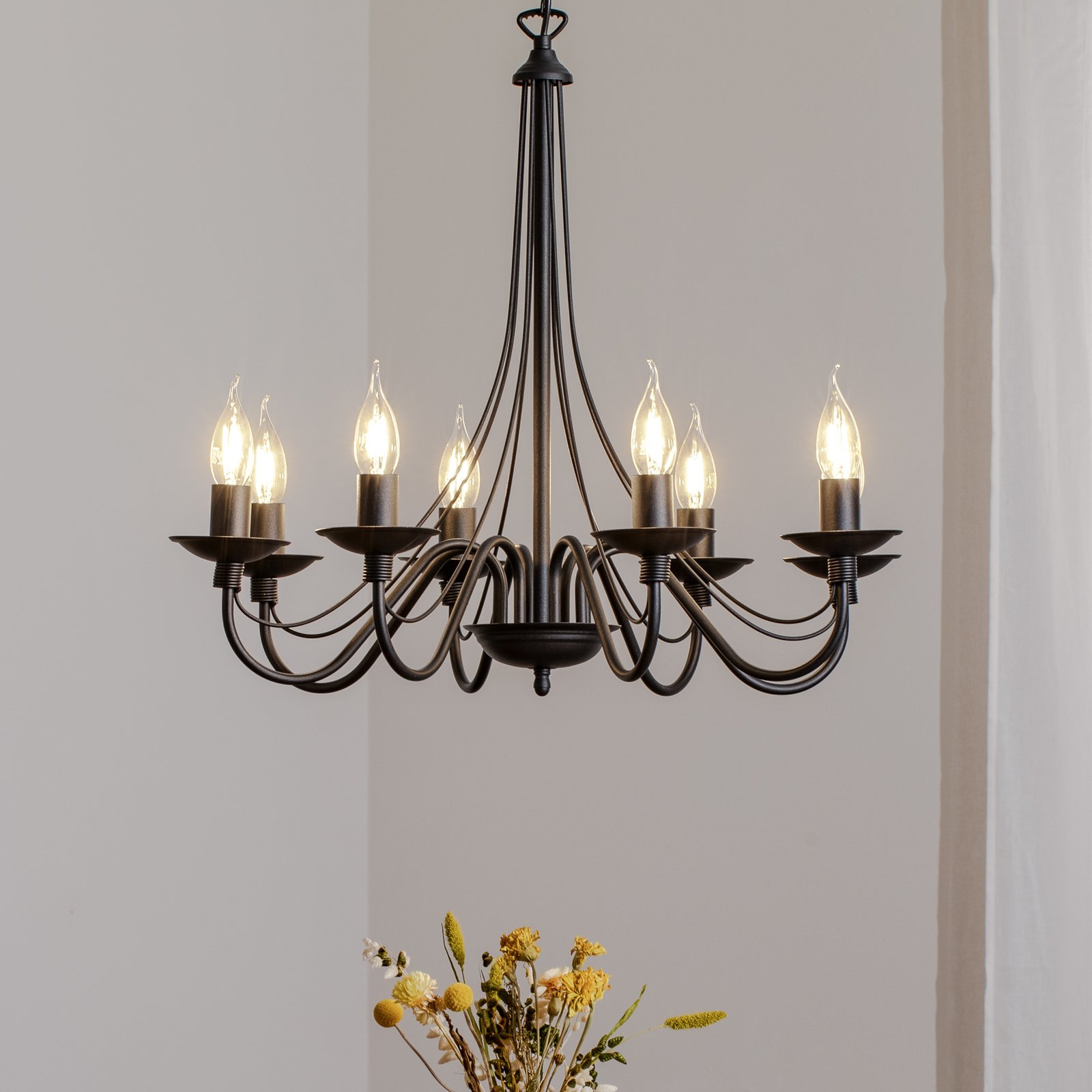 Kroonluchter roze, zwart, 8-lamps, metaal