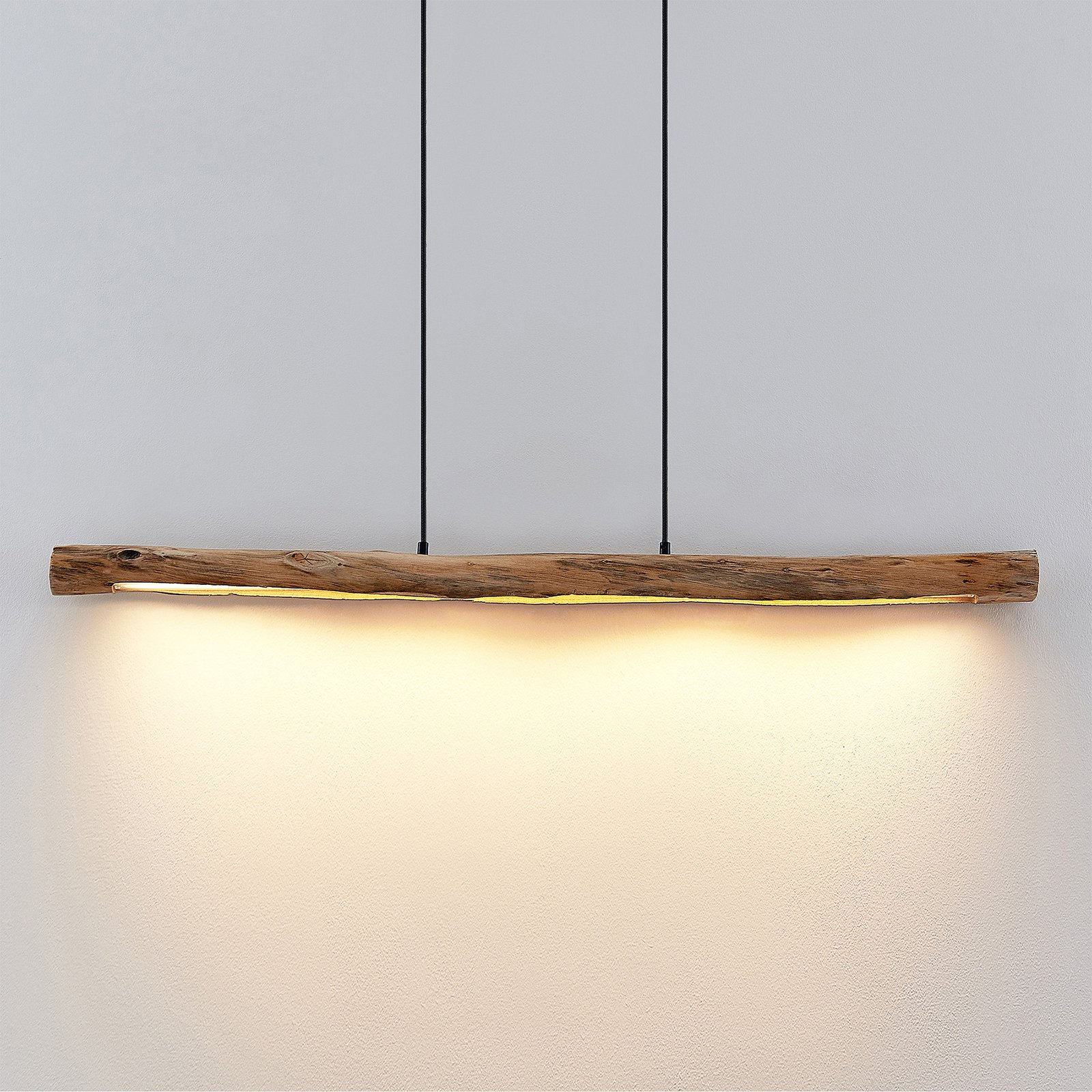 Lindby LED závěsné svítidlo Nekala, černá barva, dřevo, délka 120 cm